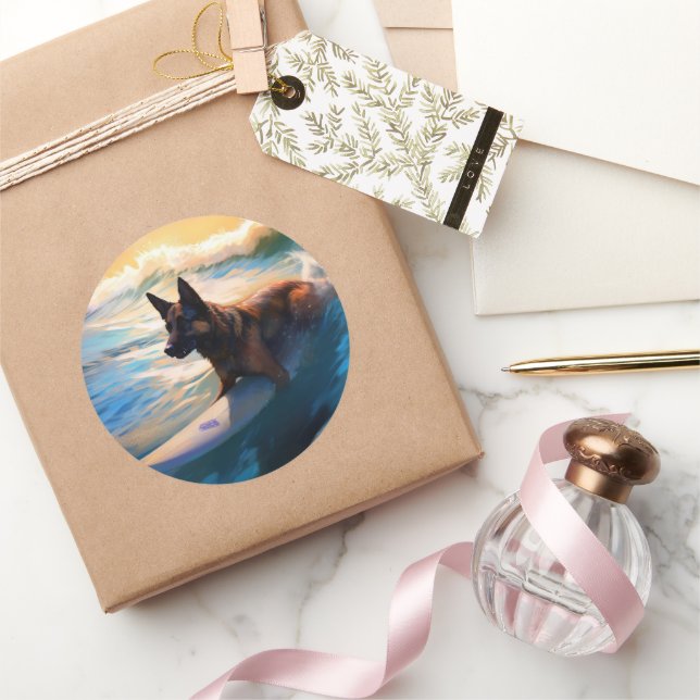 Sticker Rond Belge Shepherd Beach Surf Peinture (Cadeaux)