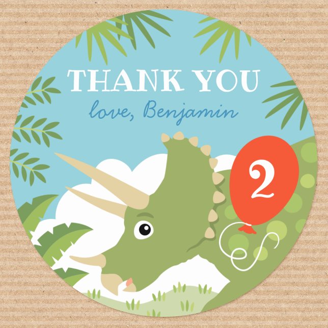 Sticker Rond Belle Anniversaire Dinosaur Tricératops Nom person (Créateur téléchargé)