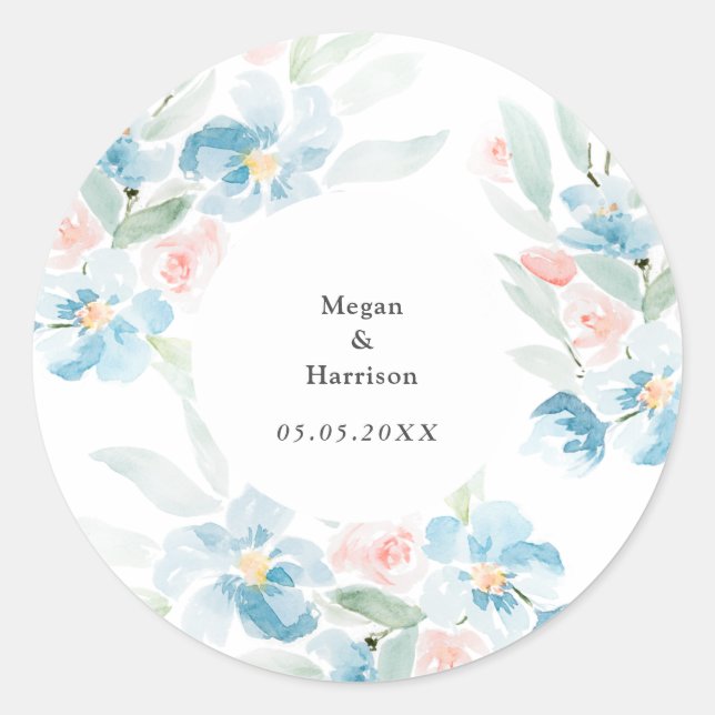 Sticker Rond Belle aquarelle bleu rose et fleurs bleues (Devant)