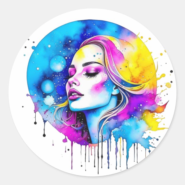Sticker Rond Belle aquarelle femme Abstraite (Devant)