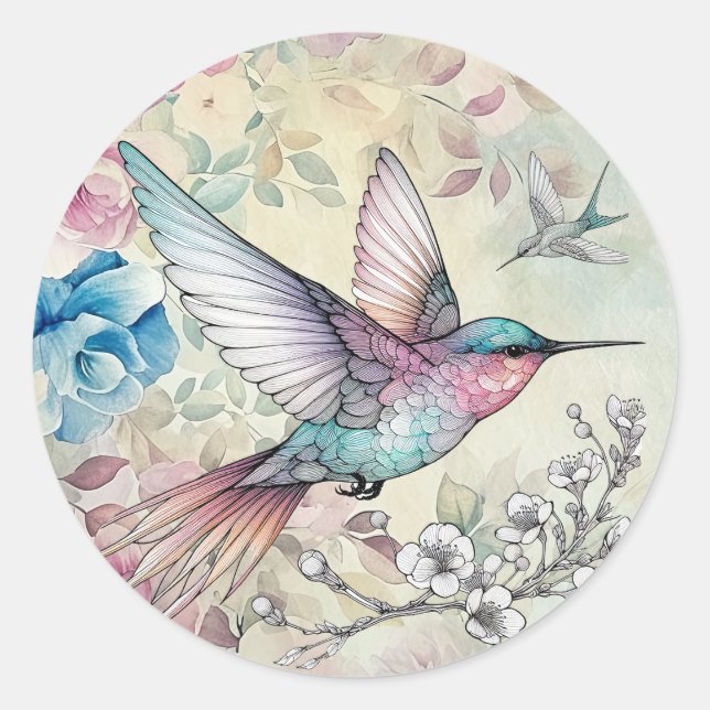 Sticker Rond Belle aquarelle florale d'oiseau-mouche de printem (Devant)