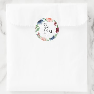 Sticker Rond Belle Aquarelle Florale Wreath Mariage initial
