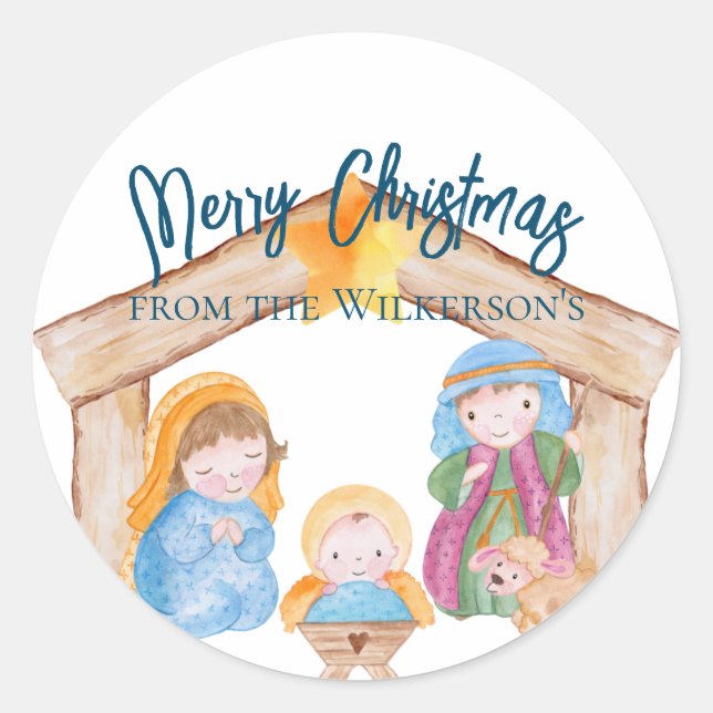 Sticker Rond Belle aquarelle Noël Nativité Scène (Devant)