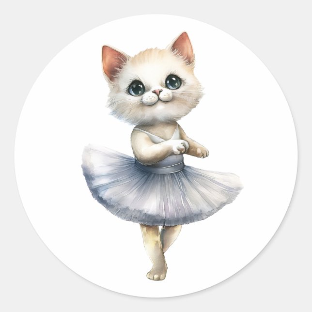Sticker Rond Belle ballerine de chat blanc danse ballet (Devant)
