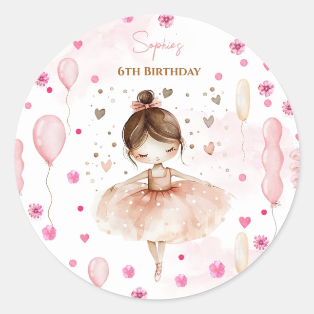 Sticker Rond Belle ballerine rose et ballons anniversaire (Devant)