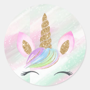 Sticker Rond Belle caricature Unicorne W/ Arc-en-ciel