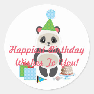 Sticker Rond Belle Cartoon Panda Bear avec voeux d'anniversaire