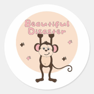 Sticker Rond Belle catastrophe Kawaii Funny Singe rose Brown
