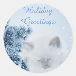 Sticker Rond Belle Chat blanc neige hiver Vacances Salutations