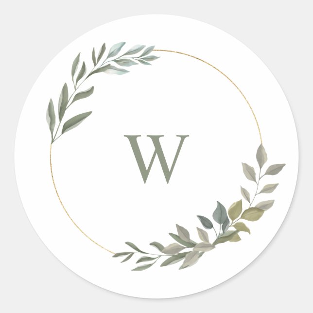 Sticker Rond Belle couronne d'aquarelle de verdure Monogramme (Devant)