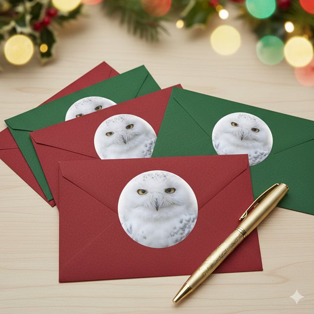 Sticker Rond Belle, Dreamy et Serene Snowy Owl (Snowy Owl Sticker Cover Photo)