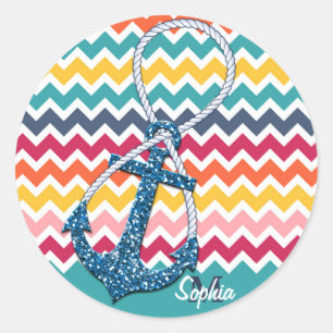 Sticker Rond Belle fausse parties scintillant ancre nautique in