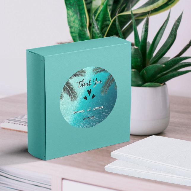 Sticker Rond Belle faveur de mariage de plage d'été bleu océan (Créateur téléchargé)