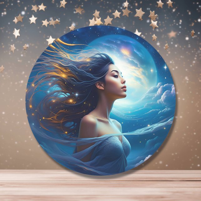 Sticker Rond Belle femme avec Arrière - plan céleste (Créateur téléchargé)