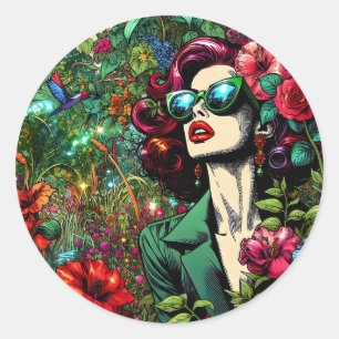 Sticker Rond Belle Femme dans le Jardin des Fleurs