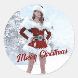 Sticker Rond Belle femme de Noël au-dessus de la neige hivernal