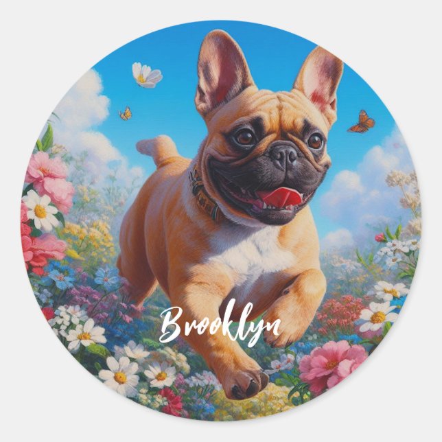Sticker Rond Belle Fête Française Bulldog & Flowers (Devant)