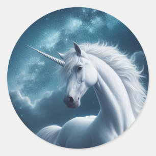Sticker Rond Belle feuille d'autocollant blanc Unicorn Portrait