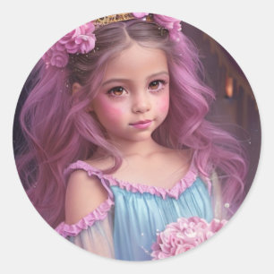 Sticker Rond Belle fille aux fleurs roses dans ses cheveux
