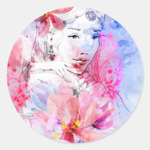 Sticker Rond Belle fille avec un bouquet de fleurs
