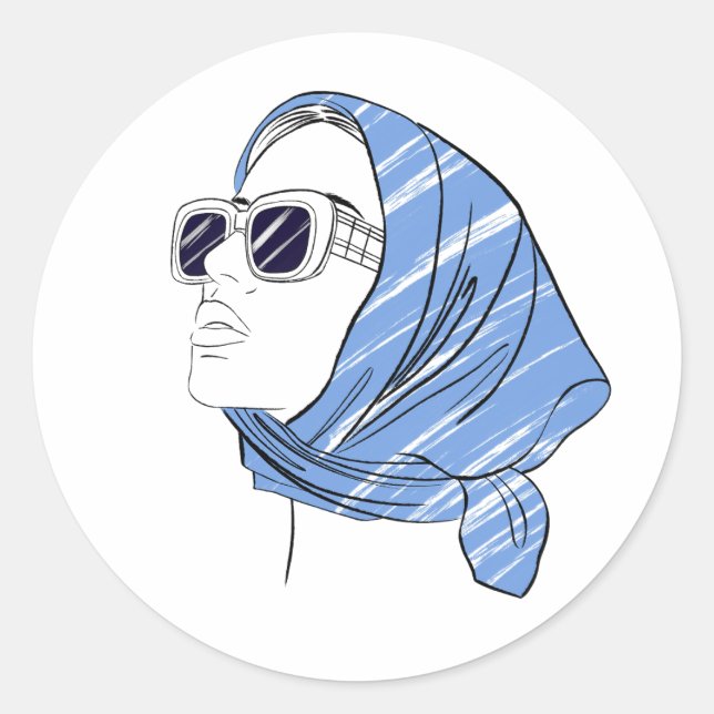 Sticker Rond Belle fille dans un bandana bleu et lunettes de so (Devant)