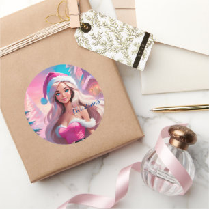Sticker Rond Belle fille de Noël rose 01
