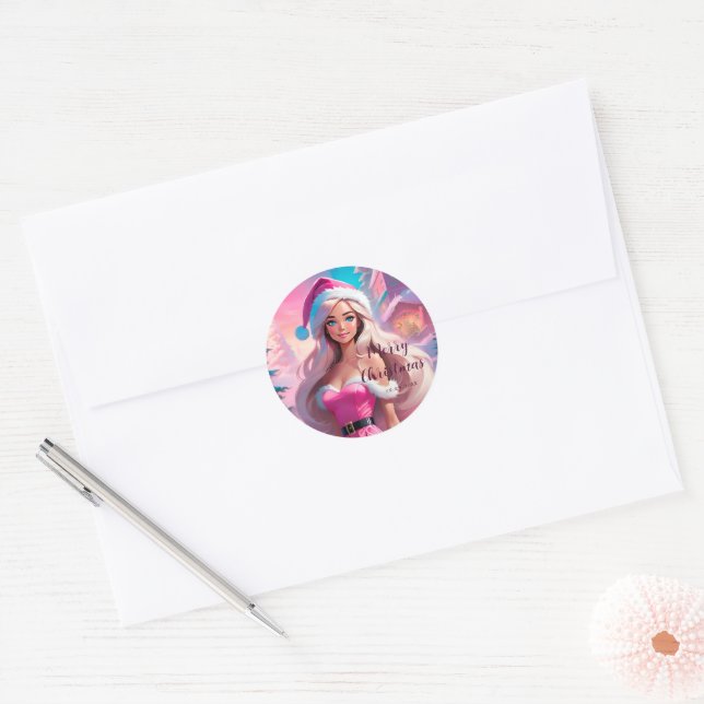 Sticker Rond Belle fille de Noël rose 01 (Enveloppe)