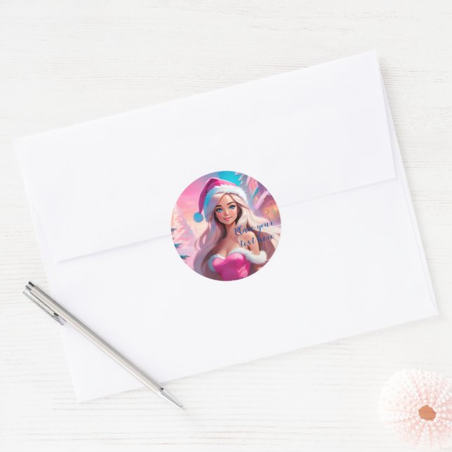 Sticker Rond Belle fille de Noël rose 01 (Enveloppe)