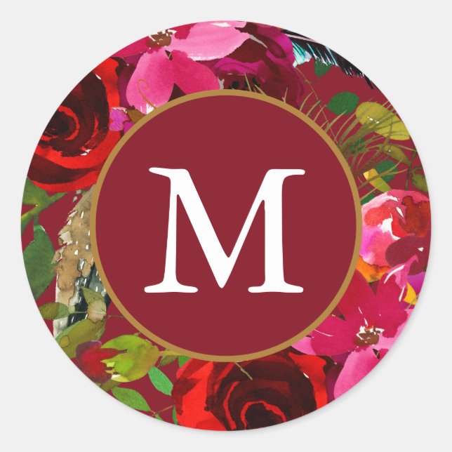 Sticker Rond Belle Flore rouge avec Monogramme Noël (Devant)