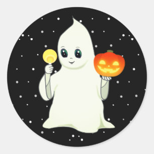 Sticker Rond Belle Halloween Ghost & Citrouille sur Black Class