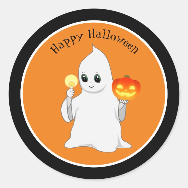 Sticker Rond Belle Halloween Ghost & Citrouille sur Orange (Devant)