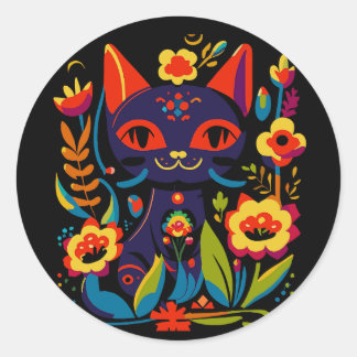 Sticker Rond Belle illustration d'art folklorique de chat noir