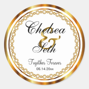 Sticker Rond Belle journée de mariage en or, Blanc Faux Diamond