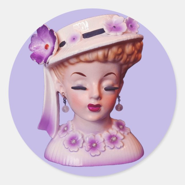 Sticker Rond Belle Lady Head Vase Purple Flowers 1960 Poupée (Devant)