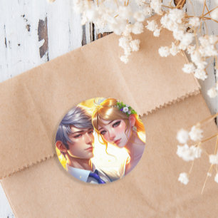 Sticker Rond Belle mariée et beau marié Couple d'anime