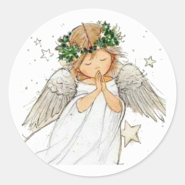 Sticker Rond Belle mignonne ange prier Rosaire, ronde classique (Devant)