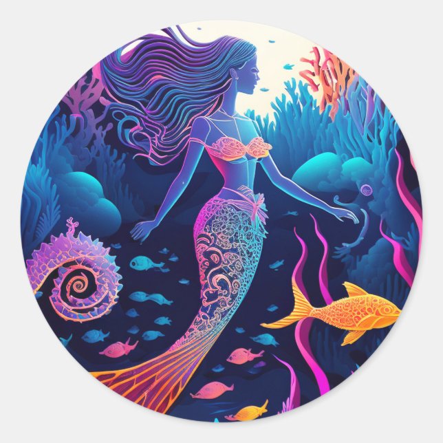 Sticker Rond Belle nymphe de la mer de sirène (Devant)