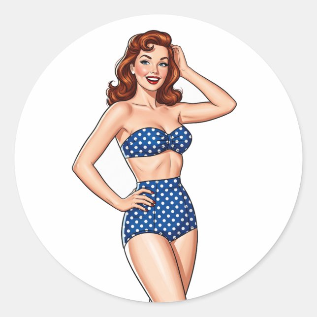 Sticker Rond Belle Pin-up rousse femme en maillot de bain bleu (Devant)