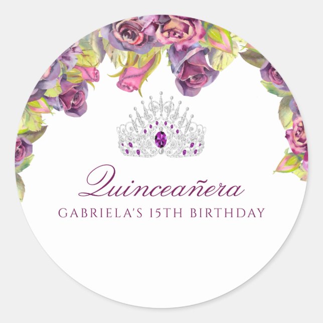 Sticker Rond Belle Quinceanera Florale Violette (Devant)