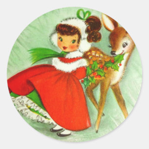 Sticker Rond Belle Reindeer & Fille de Noël Vintage
