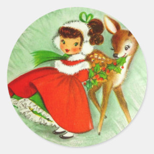 Sticker Rond Belle Reindeer & Fille de Noël Vintage