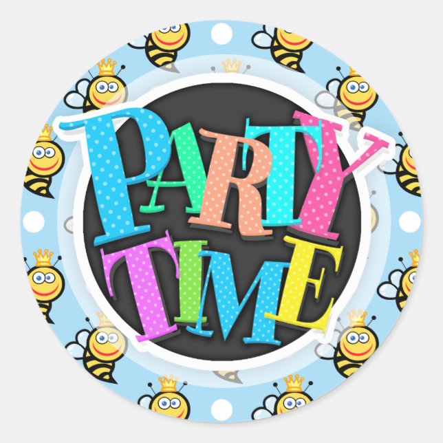 Sticker Rond Belle Reine d'abeille, Bébé Bleu & Blancs Pois (Devant)