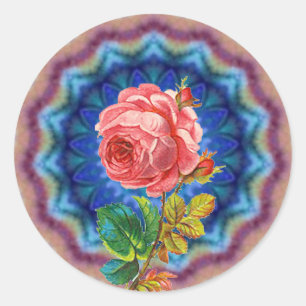 STICKER ROND BELLE ROSE ROSE ROSE EN CERCLES PSYCHÉDÉLIQUES BLE
