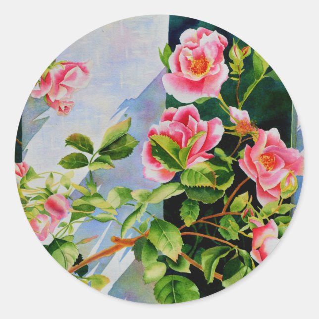 Sticker Rond Belle rose rose rouge roses blanc aquarelle floral (Devant)