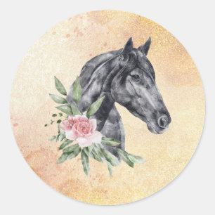 Sticker Rond Belle tête de cheval noir Portrait d'aquarelle