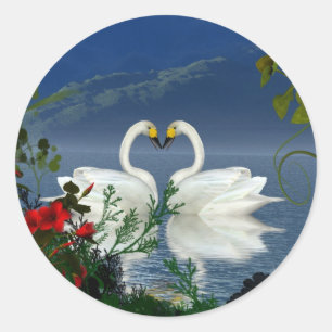 Sticker Rond Belles cygnes du coeur fleurs rouges 1