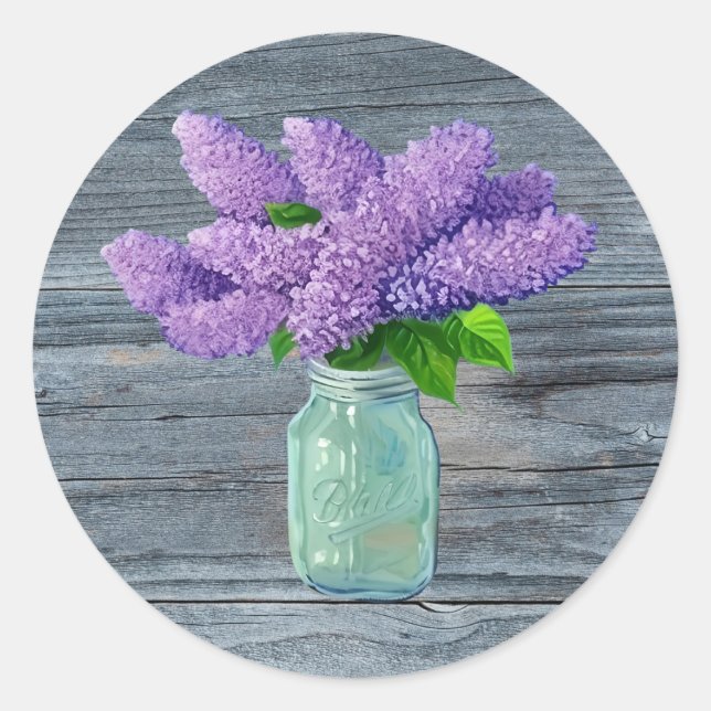 Sticker Rond Belles Lilacs En Mason Jar Rustique (Devant)
