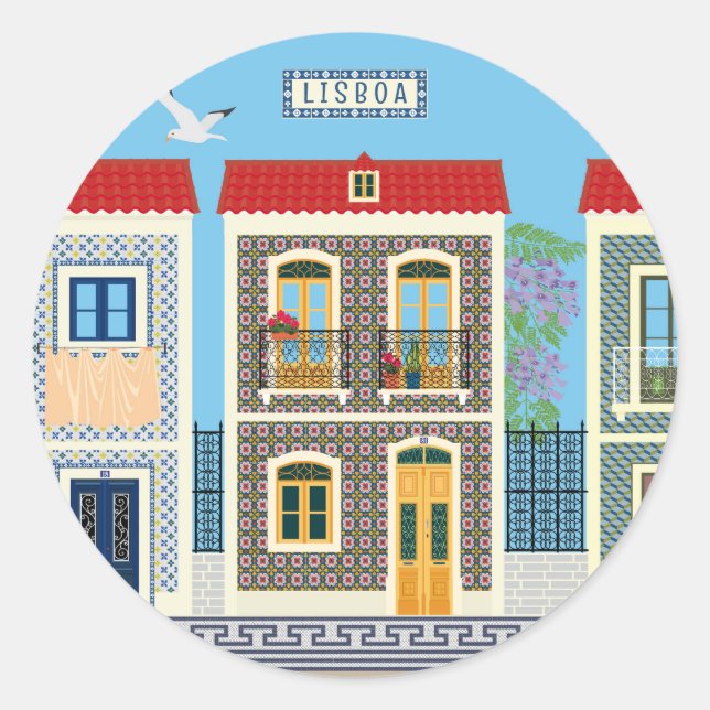 Sticker Rond Belles maisons portugaises avec tuiles ou azulejos (Devant)