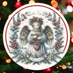 Sticker Rond Bénédiction de Noël Ange Pin Vert Baies rouges Bai