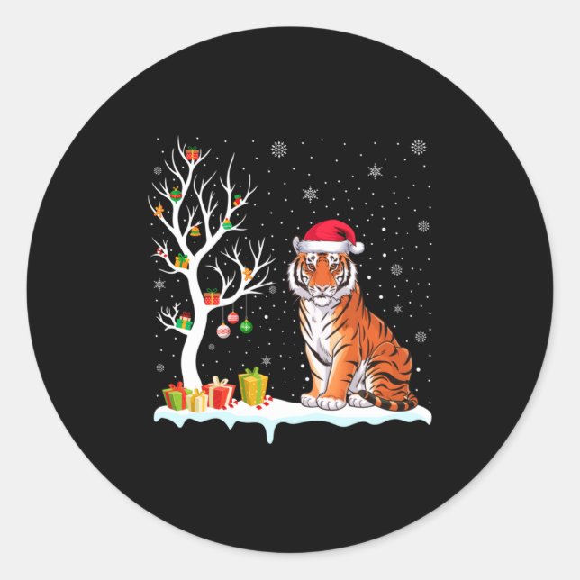 Sticker Rond Bengal Tiger Santa Hat Festive Tree Light Christma (Devant)